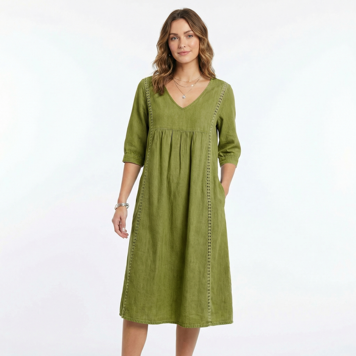Women's Chambray Dress V Neck Three Quarter Sleeve Midi Pockets
