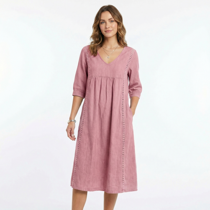 Women's Chambray Dress V Neck Three Quarter Sleeve Midi Pockets