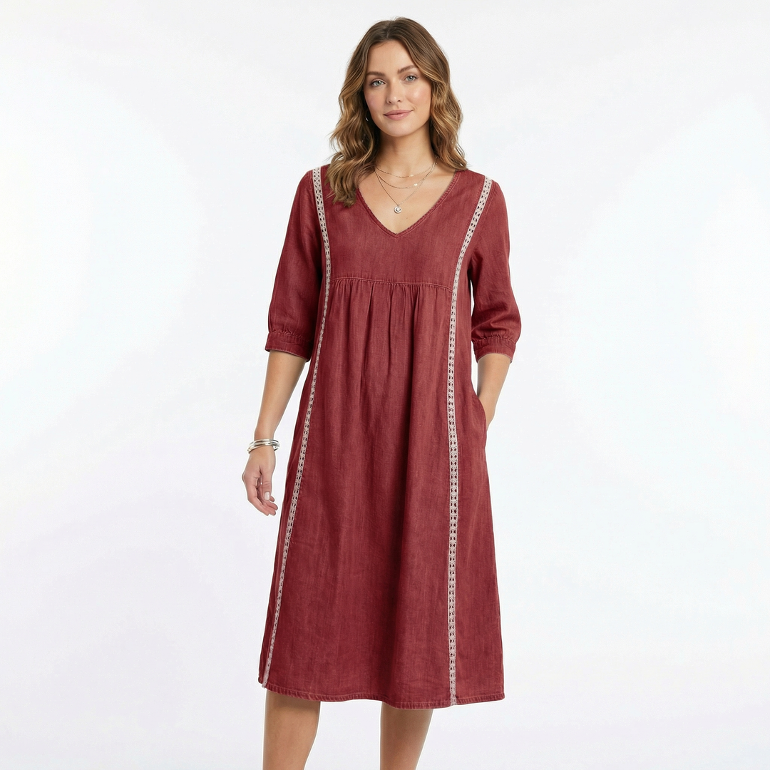 Women's Chambray Dress V Neck Three Quarter Sleeve Midi Pockets
