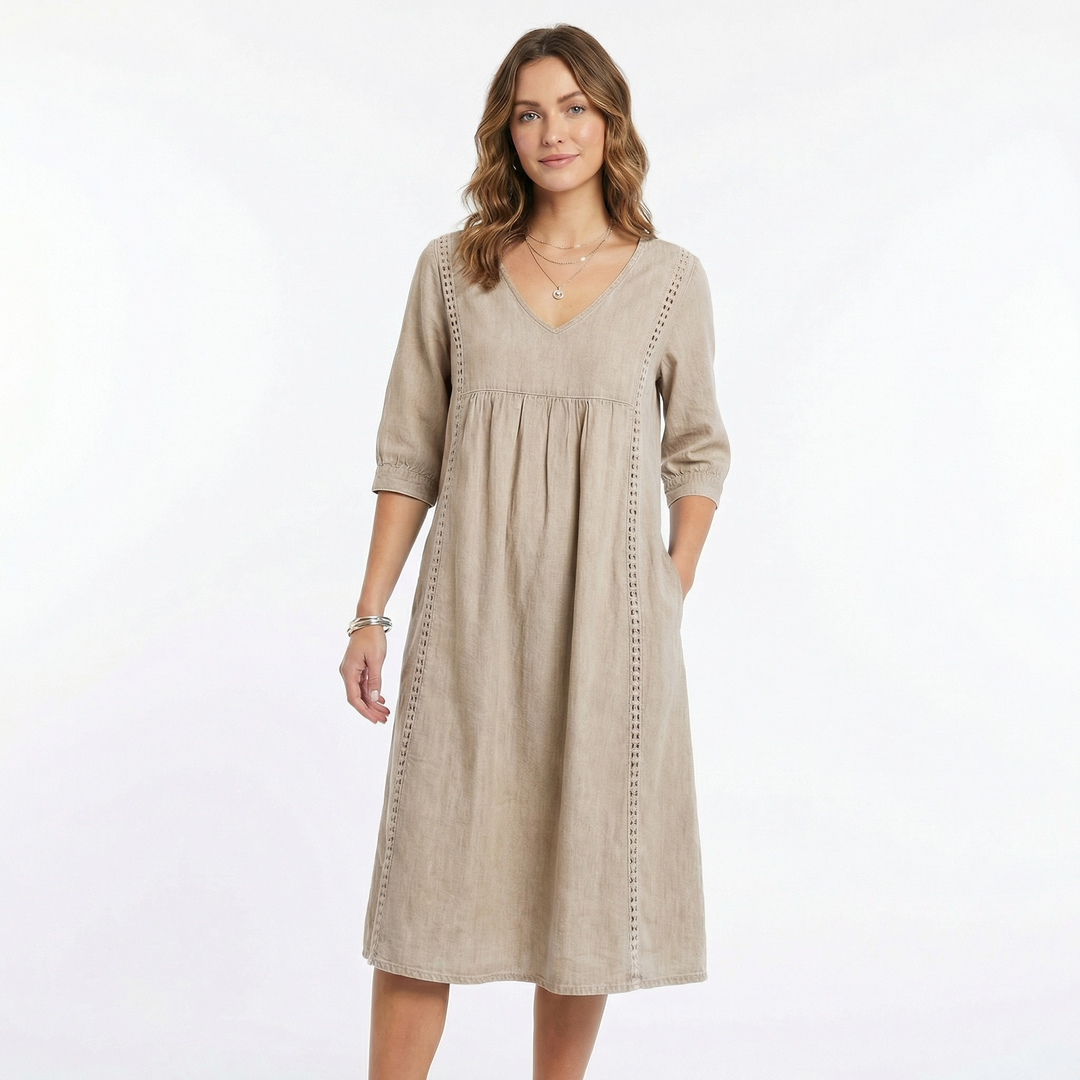 Women's Chambray Dress V Neck Three Quarter Sleeve Midi Pockets