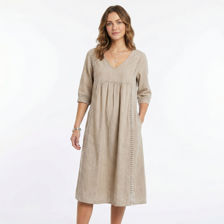 Women's Chambray Dress V Neck Three Quarter Sleeve Midi Pockets