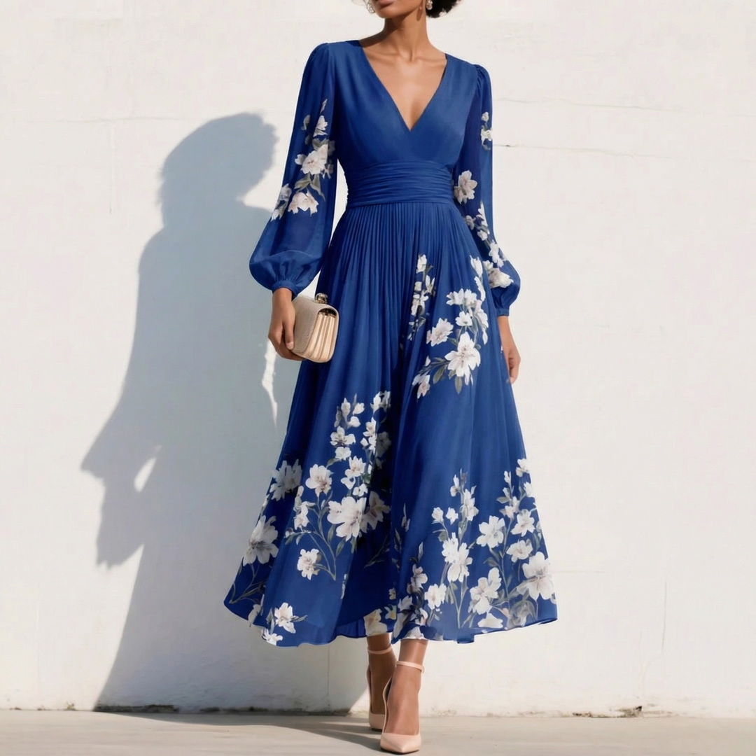Women's Floral Midi Dress V Neck Long Sleeve Pleated Chiffon Formal