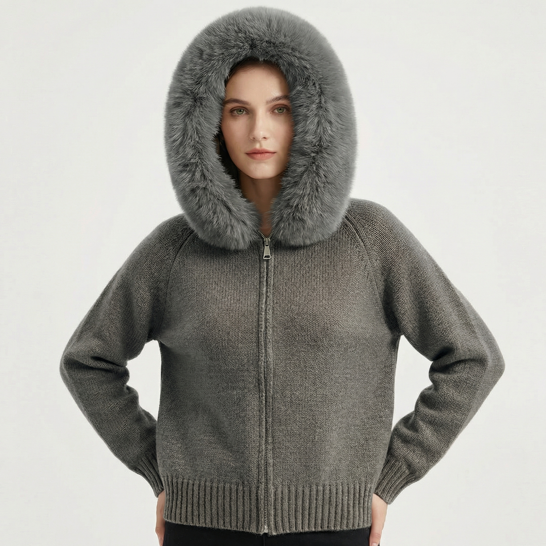 Women's Hooded Zip Knit Faux Fur Trim Loose Cardigan