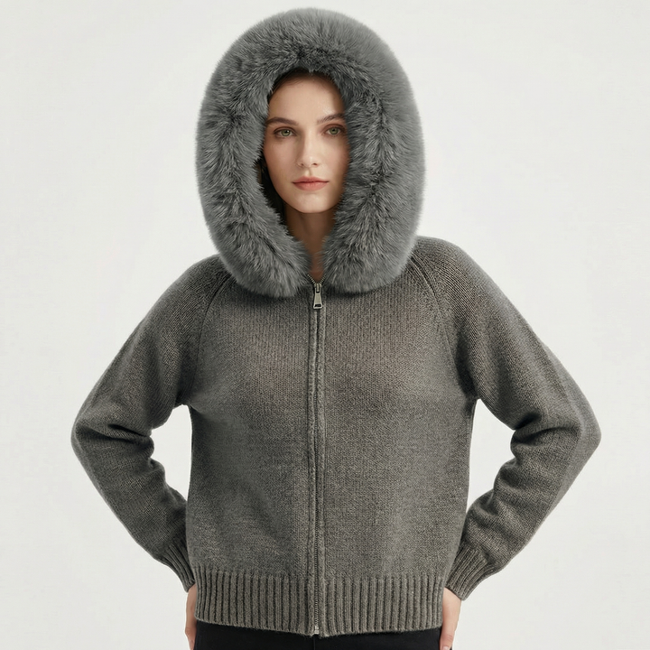 Women's Hooded Zip Knit Faux Fur Trim Loose Cardigan