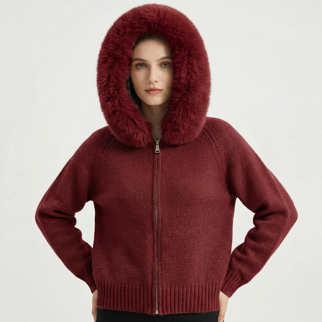 Women's Hooded Zip Knit Faux Fur Trim Loose Cardigan