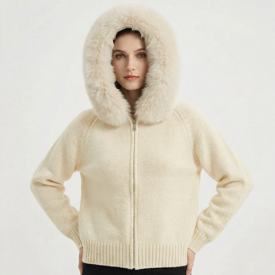 Women's Hooded Zip Knit Faux Fur Trim Loose Cardigan