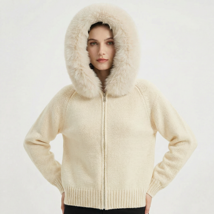 Women's Hooded Zip Knit Faux Fur Trim Loose Cardigan