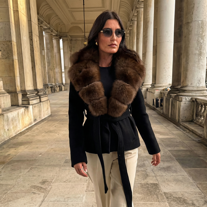 Women's Wool Blend Faux Fur Collar Elegant Wrap Coat