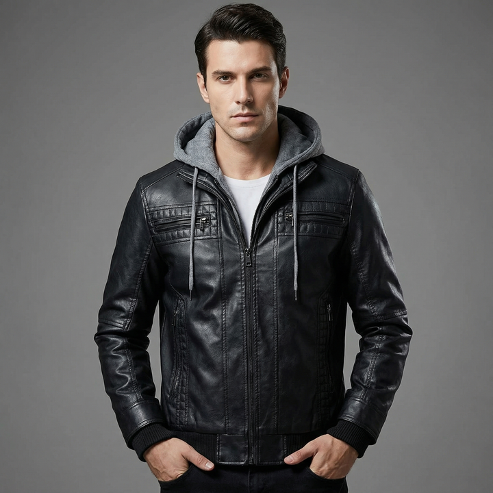 Men's Hooded Leather Zip Up Biker Jacket
