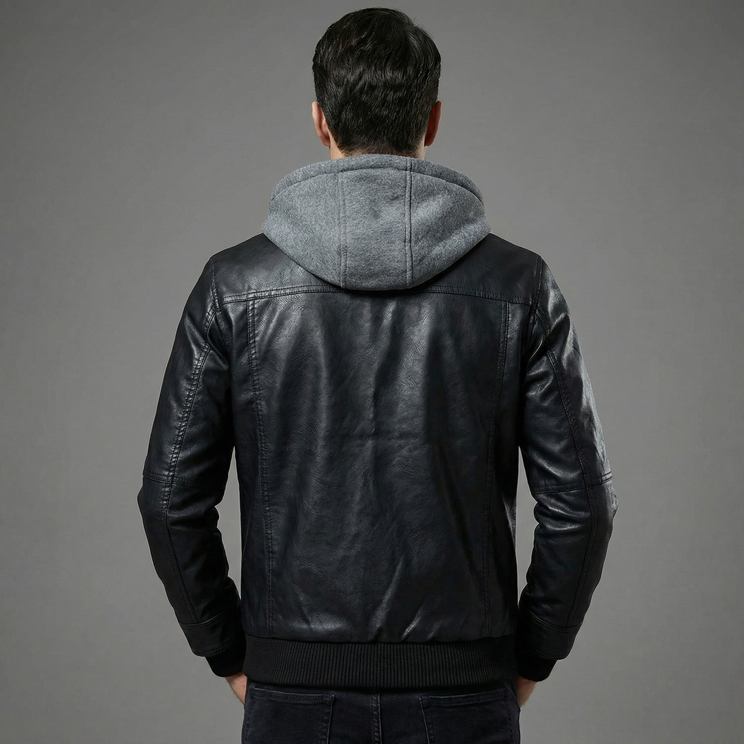 Men's Hooded Leather Zip Up Biker Jacket