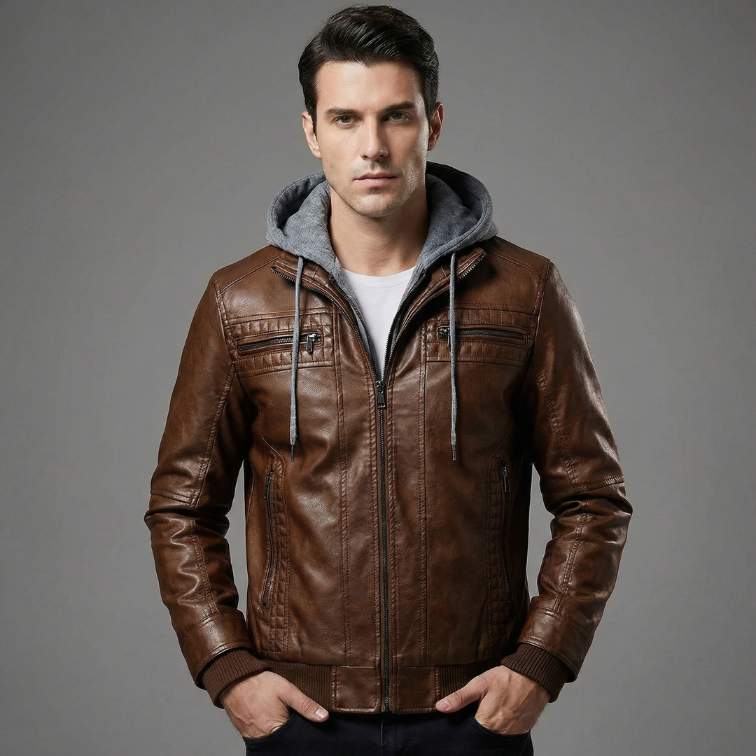 Men's Hooded Leather Zip Up Biker Jacket