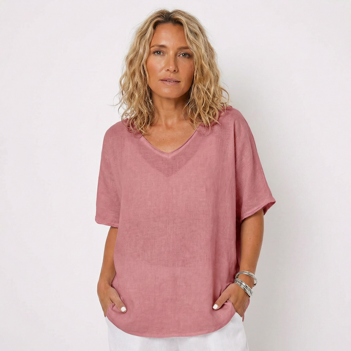 Linen Top - Oversized V Neck Short Sleeve