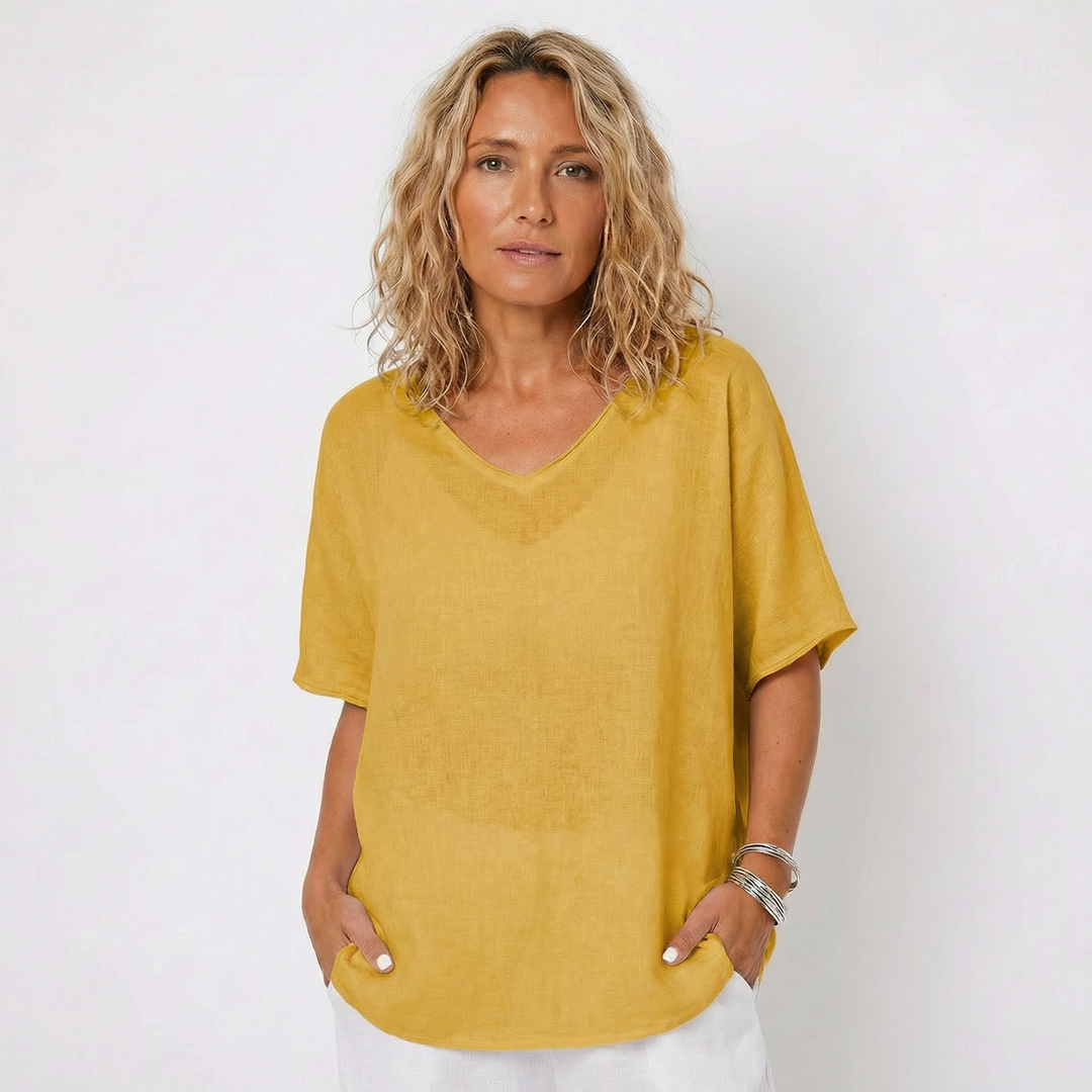 Linen Top - Oversized V Neck Short Sleeve