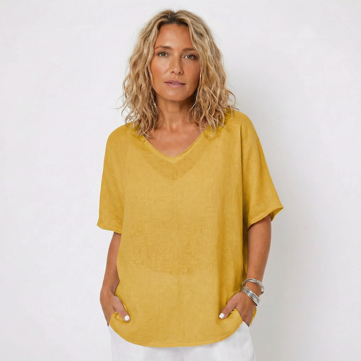 Linen Top - Oversized V Neck Short Sleeve