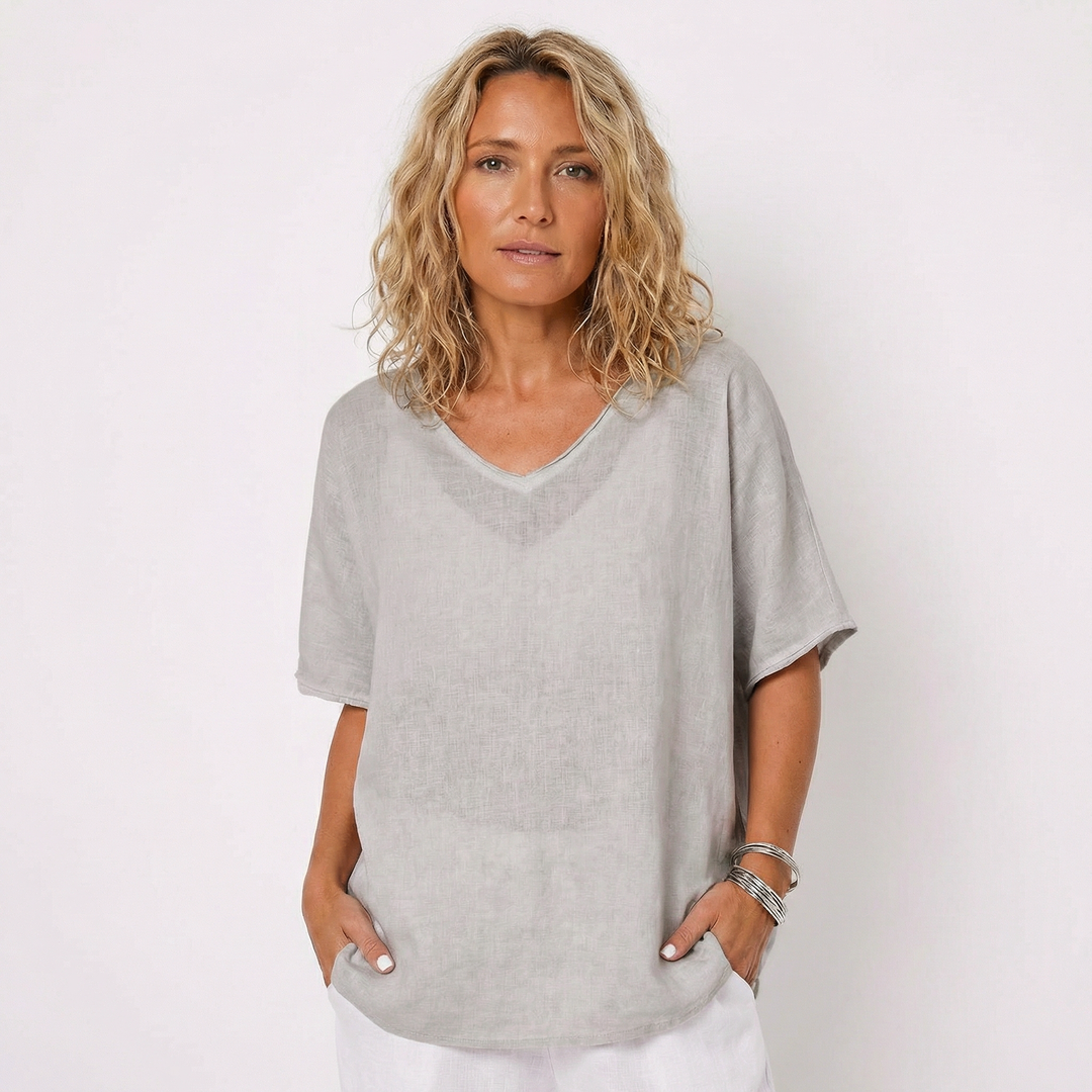 Linen Top - Oversized V Neck Short Sleeve