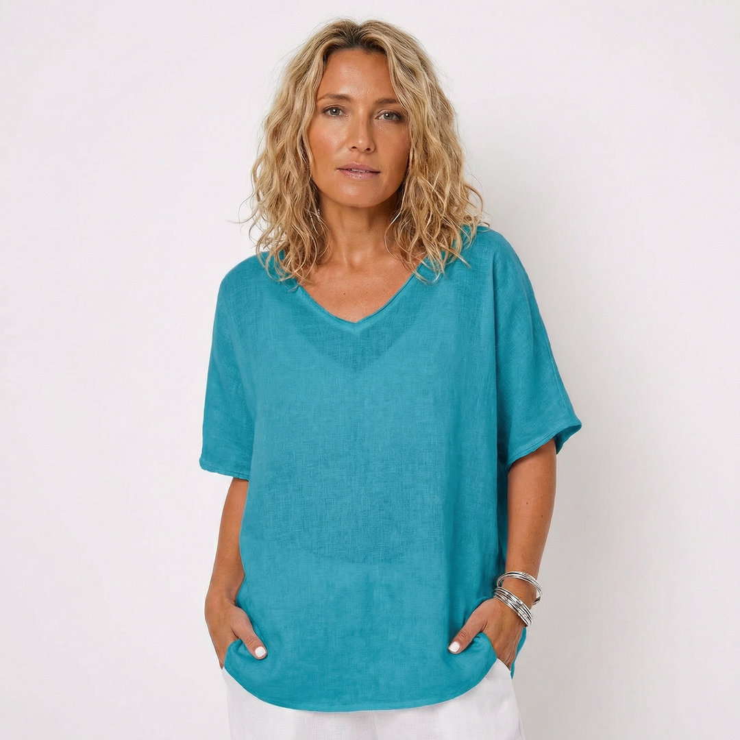 Linen Top - Oversized V Neck Short Sleeve