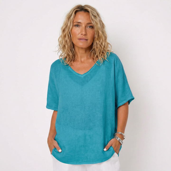 Linen Top - Oversized V Neck Short Sleeve