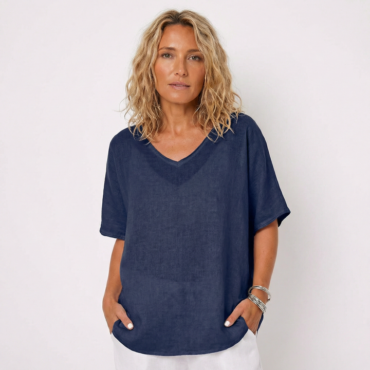 Linen Top - Oversized V Neck Short Sleeve