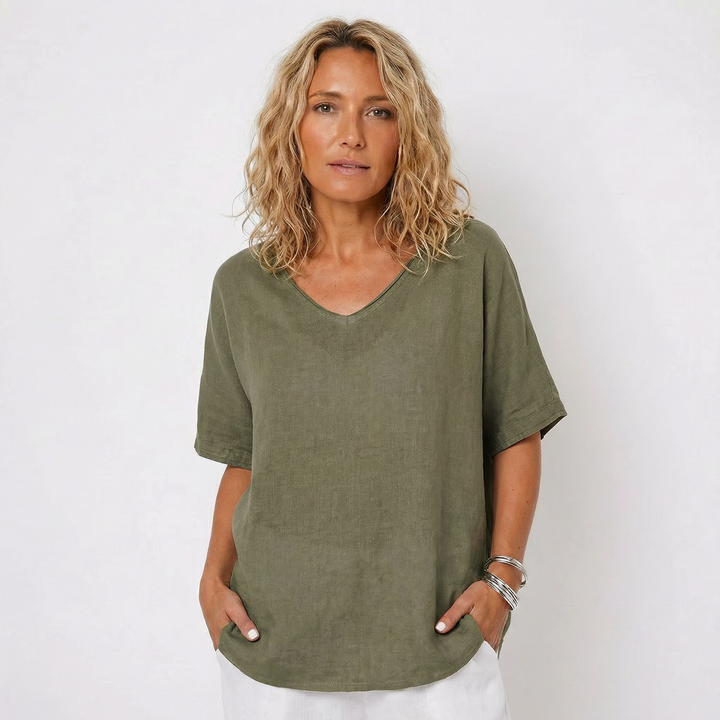 Linen Top - Oversized V Neck Short Sleeve