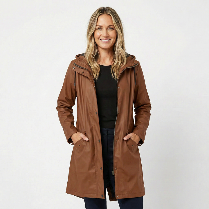 Women's Waterproof Hooded Mid Length Windproof Trench Coat