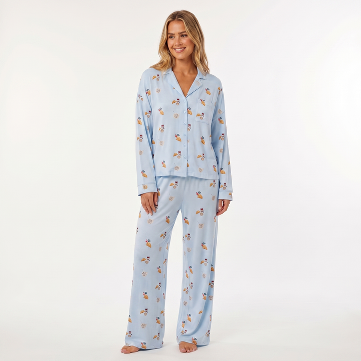 Women's Soft Button Up Long Sleeve Shirt & Wide Leg Pants Pyjama Set