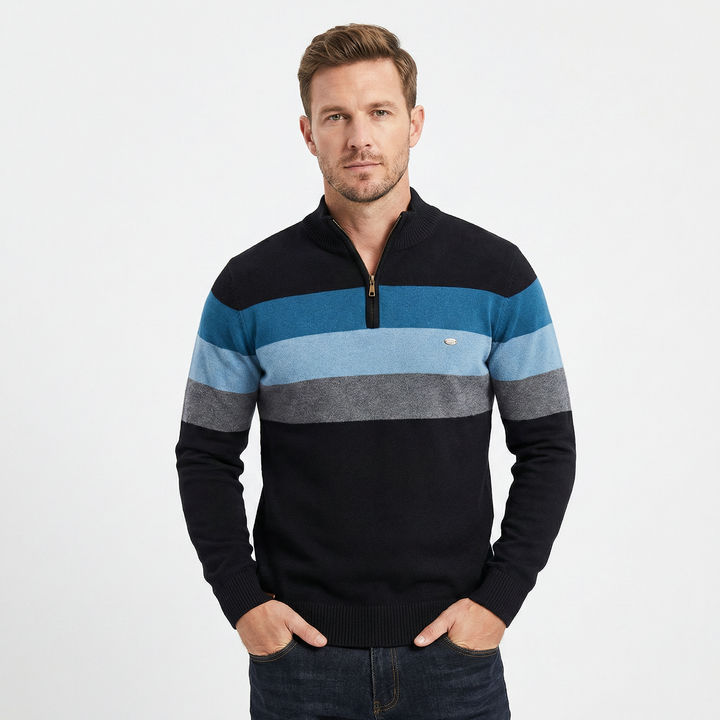 Men's Quarter Zip Striped Knit Collar Pullover Sweater