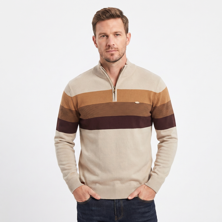 Men's Quarter Zip Striped Knit Collar Pullover Sweater