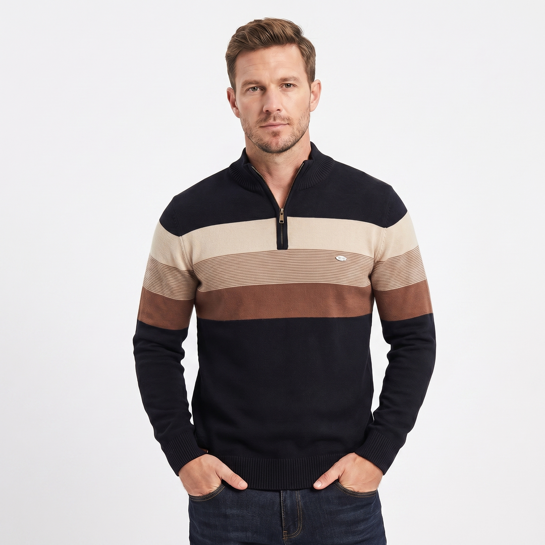 Men's Quarter Zip Striped Knit Collar Pullover Sweater