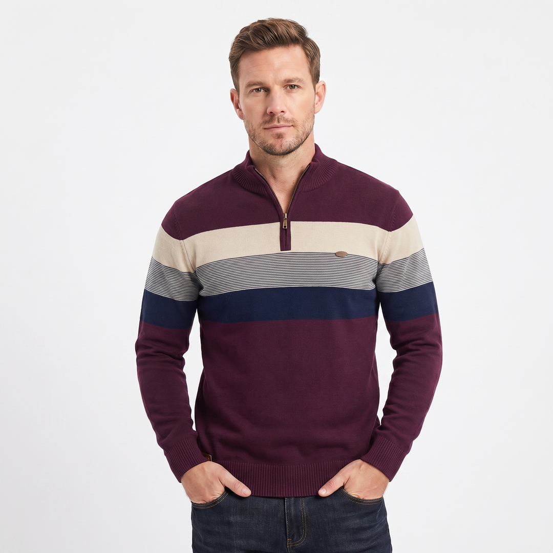 Men's Quarter Zip Striped Knit Collar Pullover Sweater
