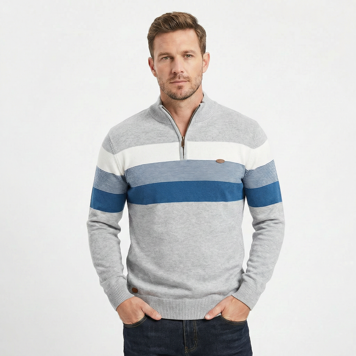 Men's Quarter Zip Striped Knit Collar Pullover Sweater