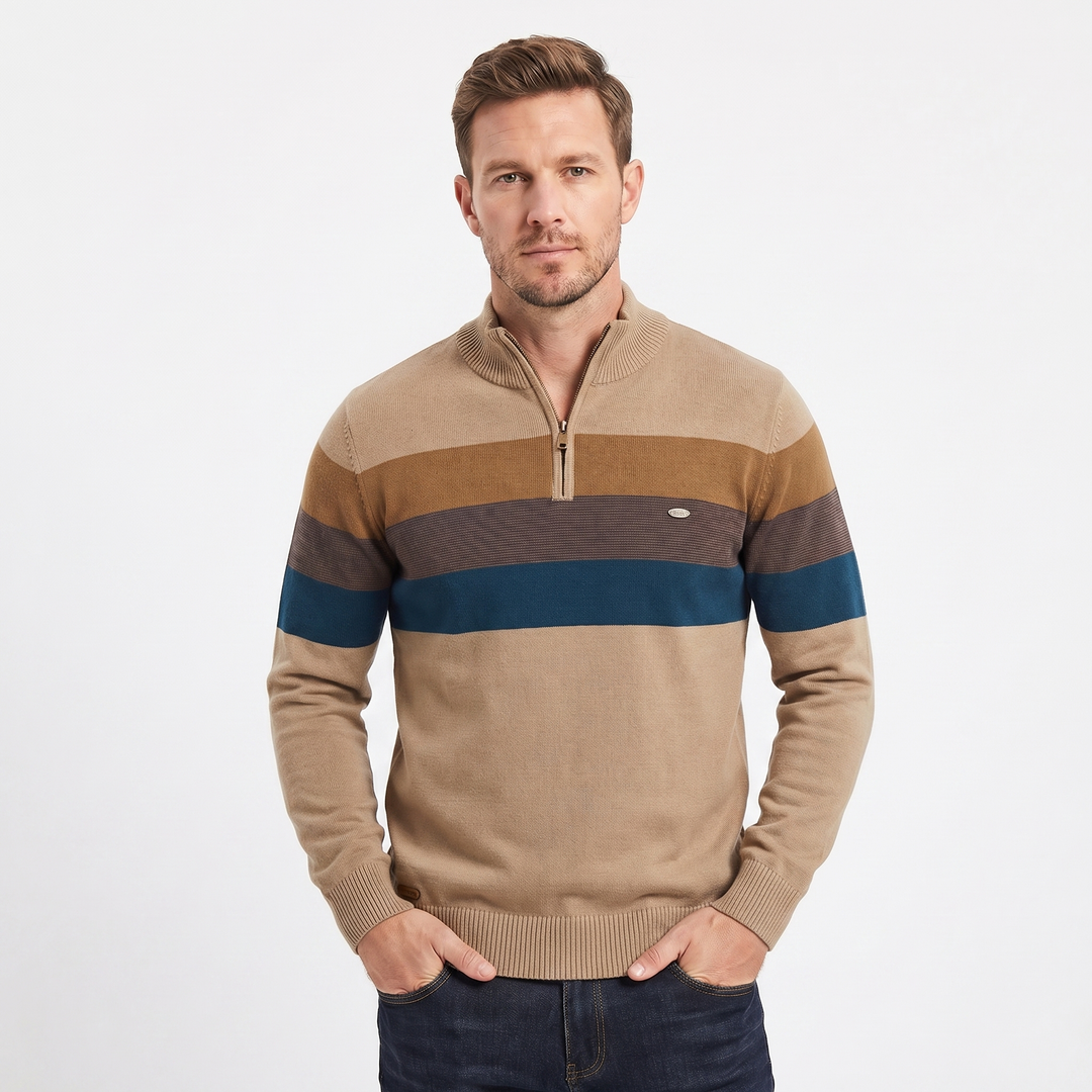 Men's Quarter Zip Striped Knit Collar Pullover Sweater
