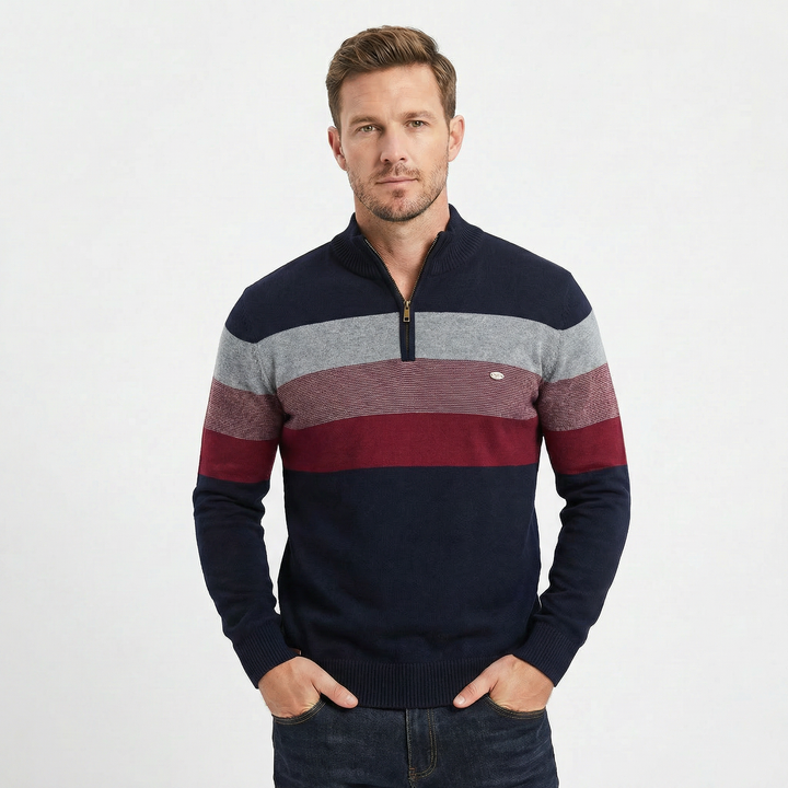 Men's Quarter Zip Striped Knit Collar Pullover Sweater