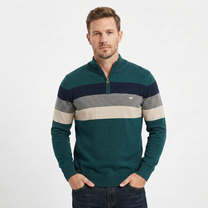 Men's Quarter Zip Striped Knit Collar Pullover Sweater