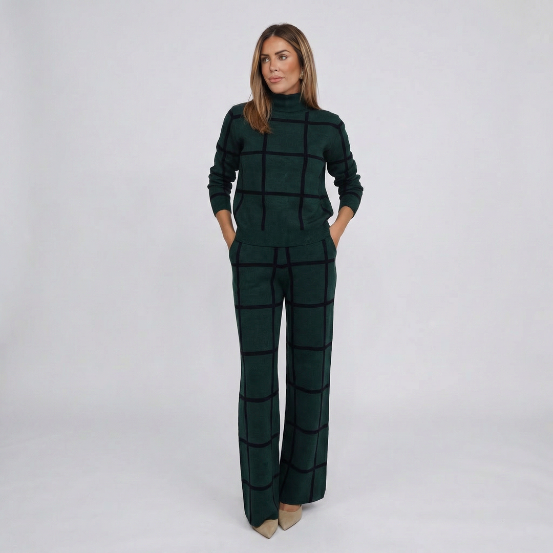 Women's Plaid Winter Knit Set – Warm Stylish Sweater & Wide Leg Pants