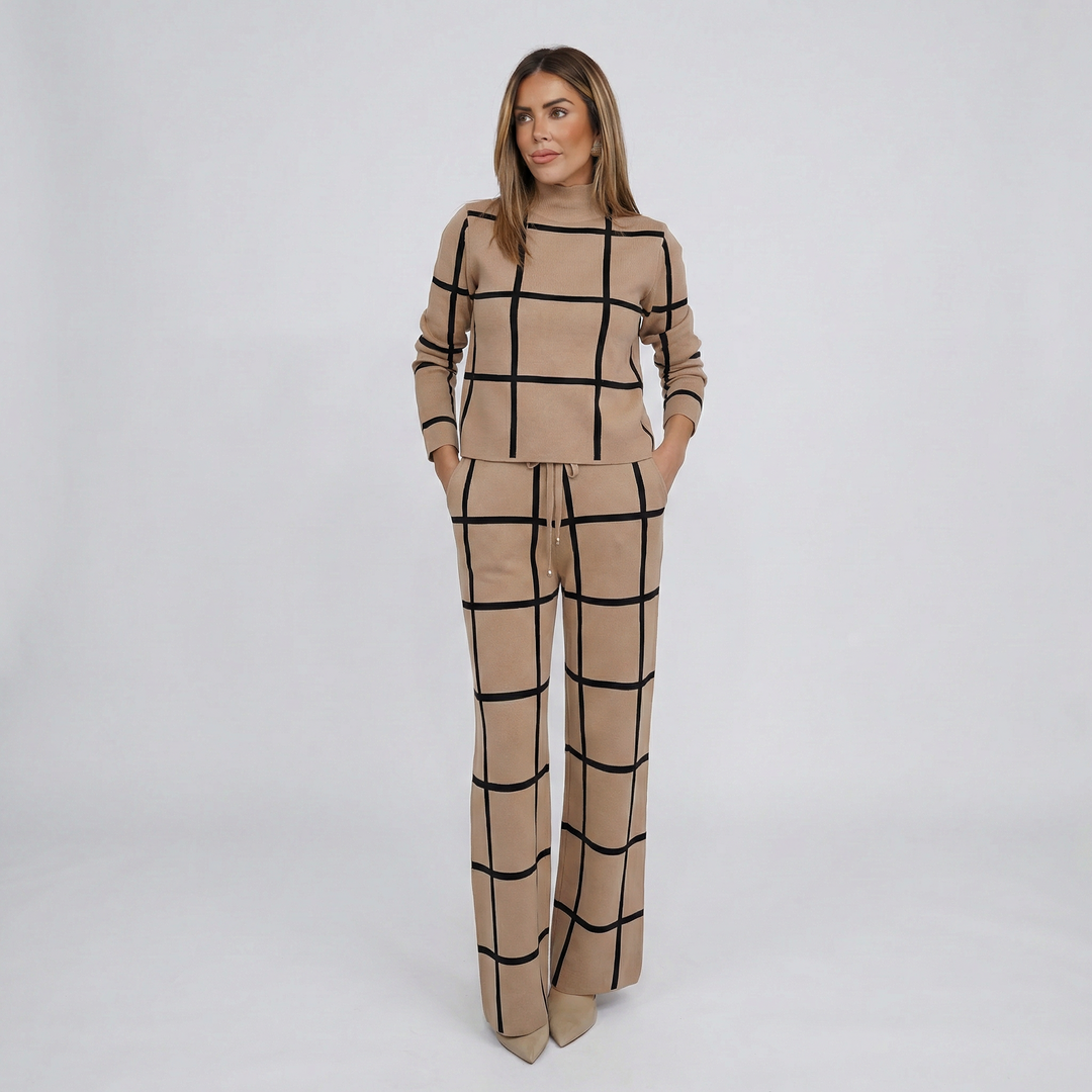 Women's Plaid Winter Knit Set – Warm Stylish Sweater & Wide Leg Pants