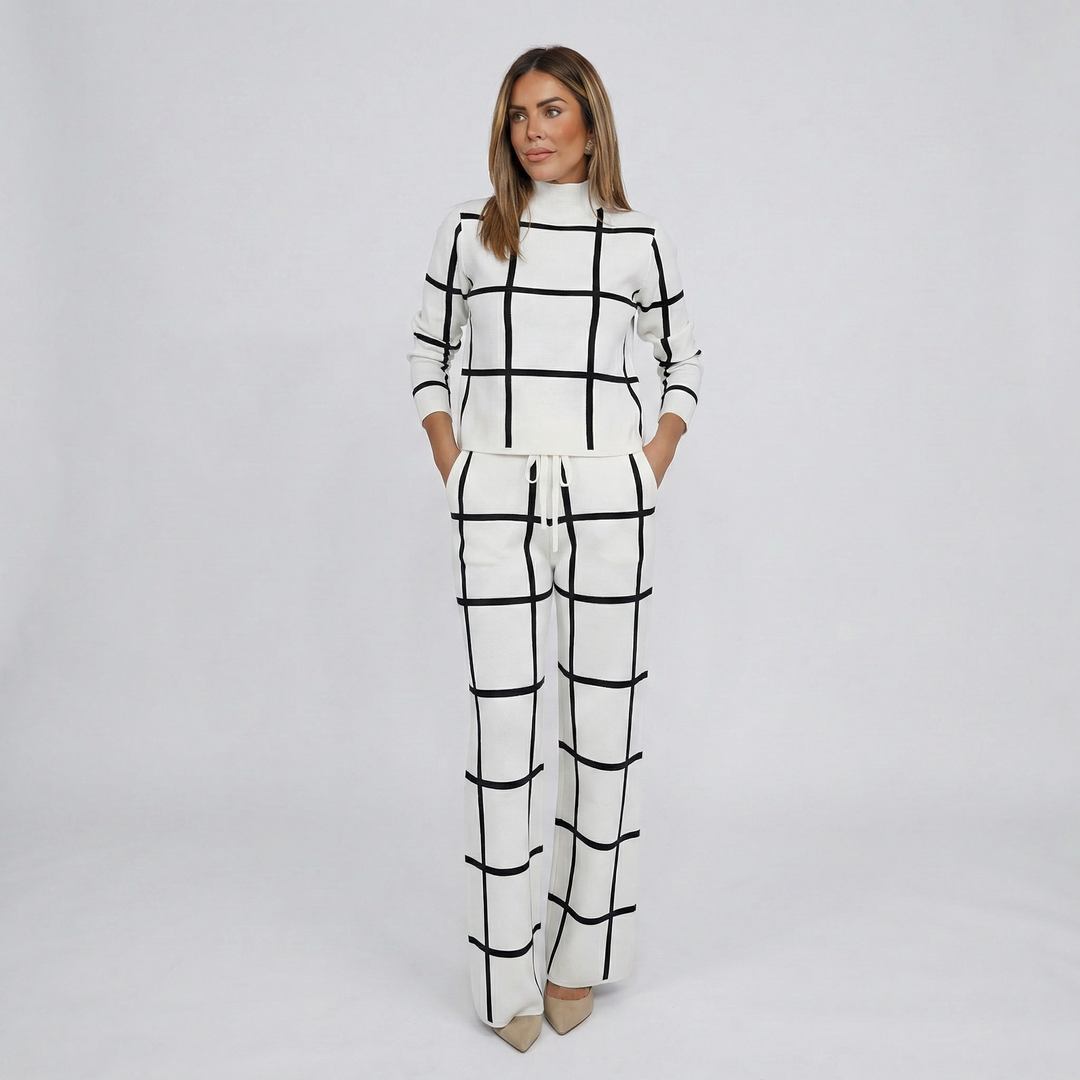 Women's Plaid Winter Knit Set – Warm Stylish Sweater & Wide Leg Pants
