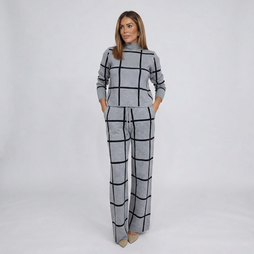 Women's Plaid Winter Knit Set – Warm Stylish Sweater & Wide Leg Pants