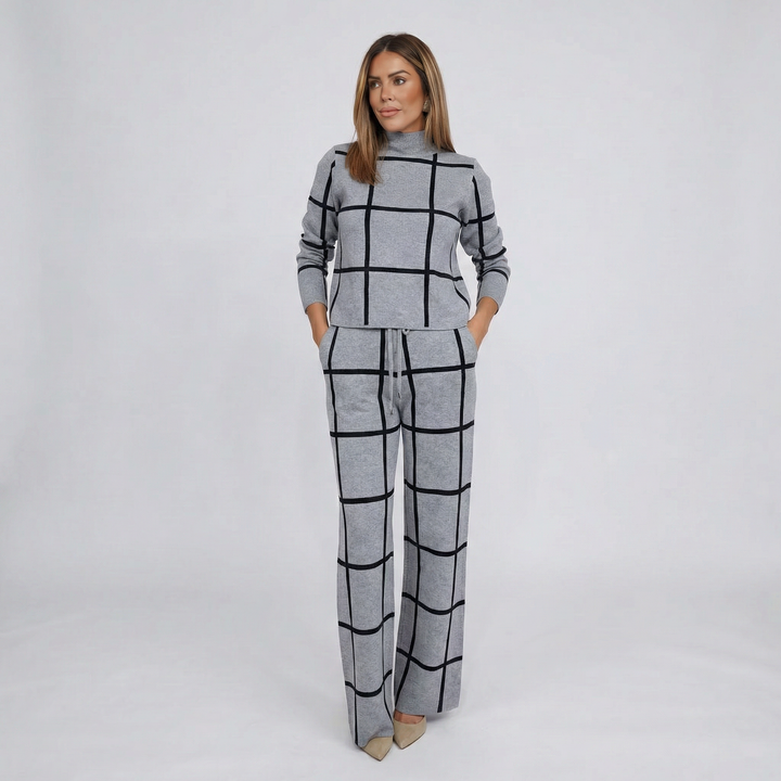 Women's Plaid Winter Knit Set – Warm Stylish Sweater & Wide Leg Pants