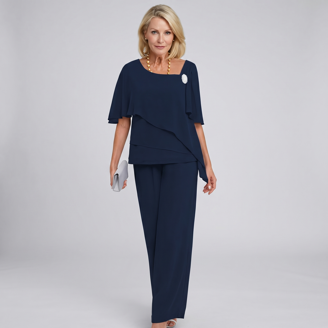 Women's Chiffon Cape Sleeve Top & Wide Leg Pants Two Piece Set