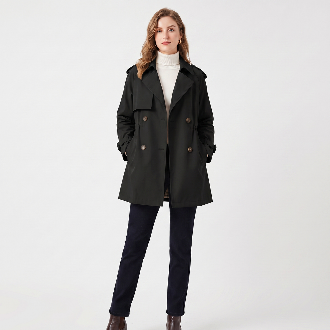 Women's Double Breasted Trench Coat – Mid Length Drawstring Windbreaker