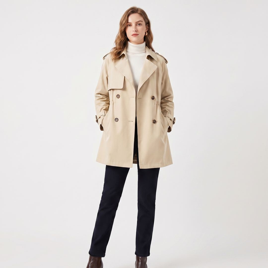Women's Double Breasted Trench Coat – Mid Length Drawstring Windbreaker