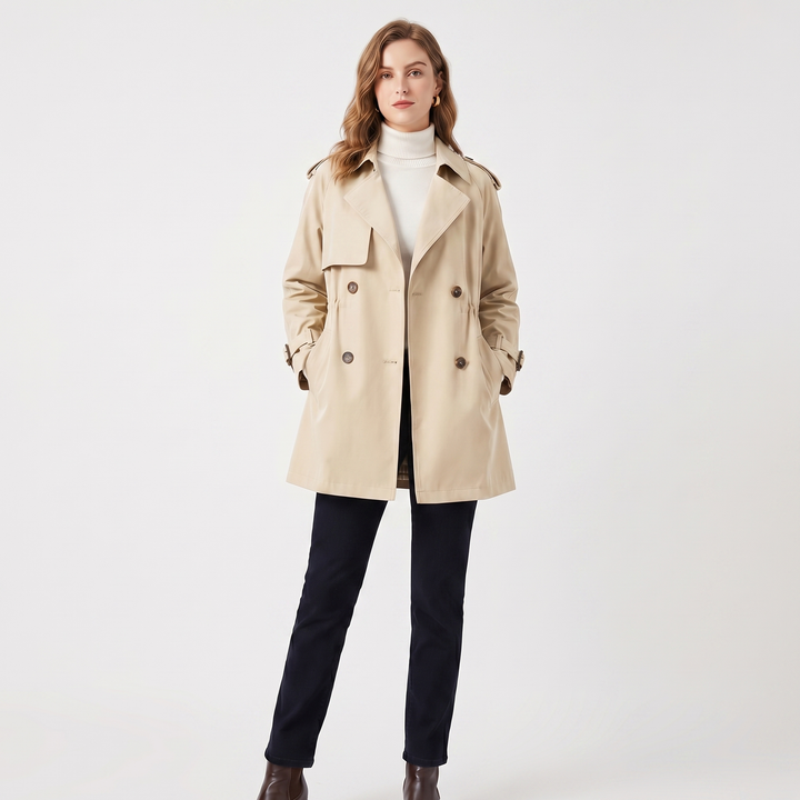 Women's Double Breasted Trench Coat – Mid Length Drawstring Windbreaker