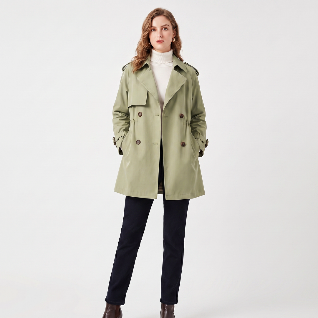 Women's Double Breasted Trench Coat – Mid Length Drawstring Windbreaker