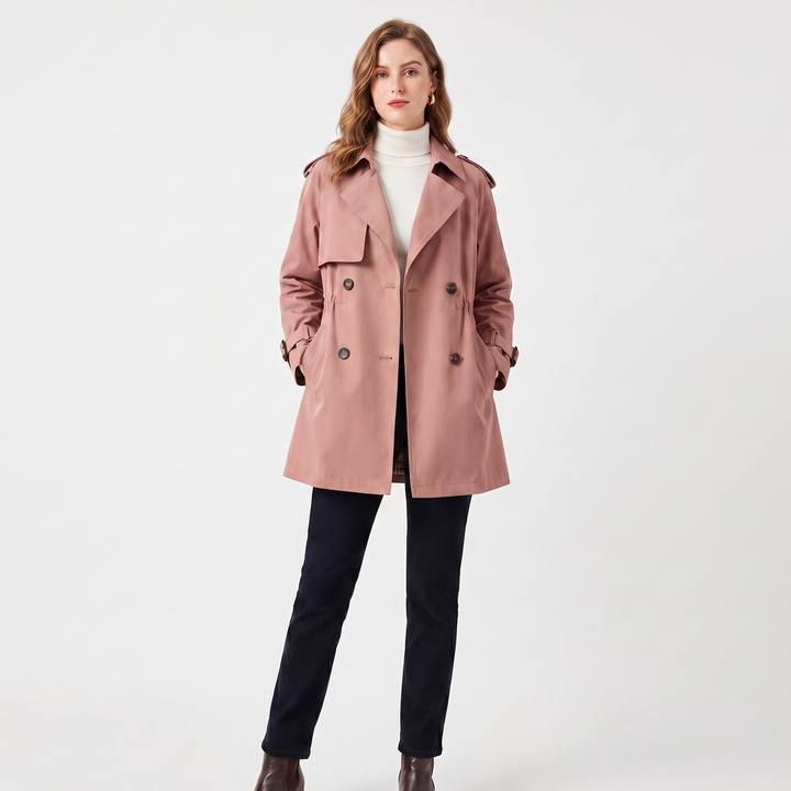 Women's Double Breasted Trench Coat – Mid Length Drawstring Windbreaker