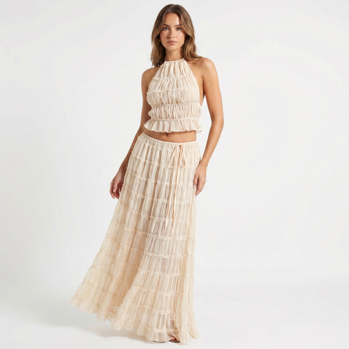 Women's Two Piece Set Halter Crop Top Tiered Ruffle Maxi Skirt