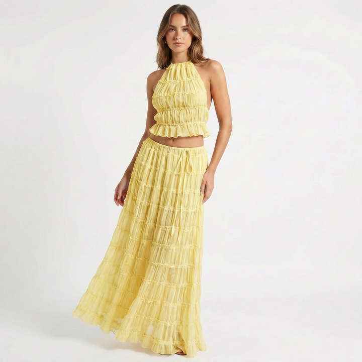 Women's Two Piece Set Halter Crop Top Tiered Ruffle Maxi Skirt