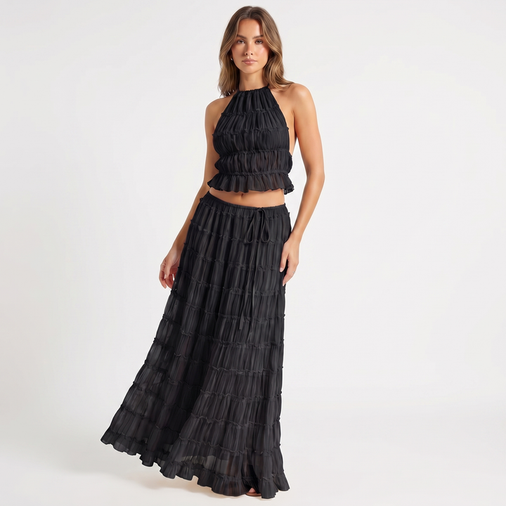 Women's Two Piece Set Halter Crop Top Tiered Ruffle Maxi Skirt