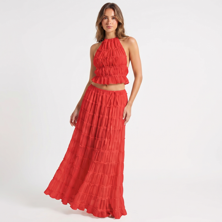 Women's Two Piece Set Halter Crop Top Tiered Ruffle Maxi Skirt