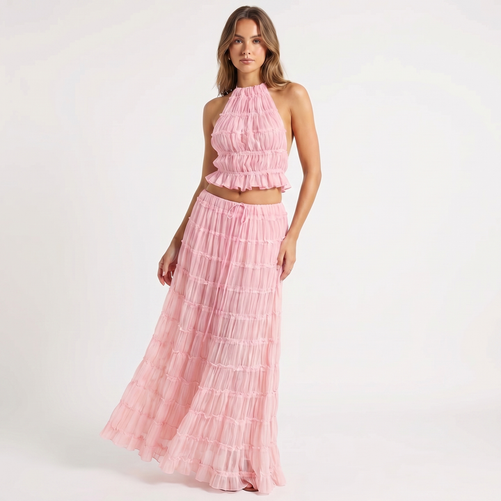 Women's Two Piece Set Halter Crop Top Tiered Ruffle Maxi Skirt
