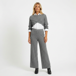 Grey Sweater White Shirt Grey Wide Leg Pants [Three Pieces]